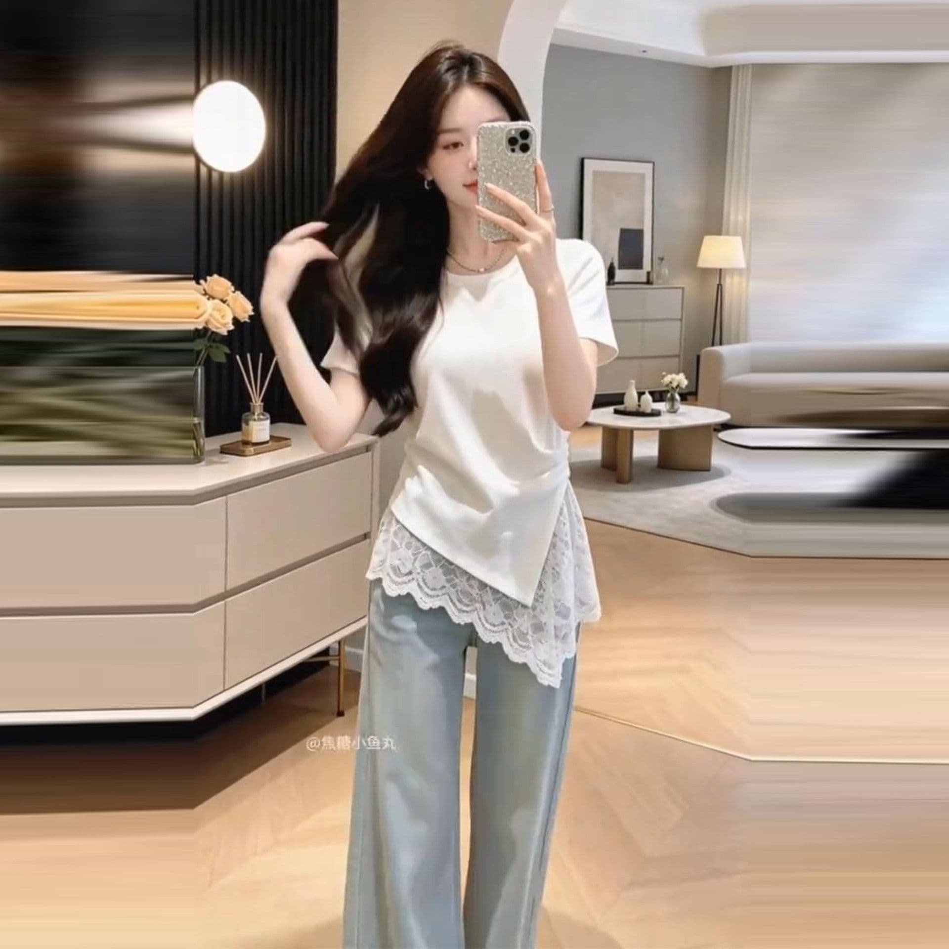 240 그램 순면 리브 92 면 8 암모니아 Lun 디자인 센스 레이스 조각 반팔 티셔츠 여성 여름 슬림해 보이는 맨위 상세 이미지 3
