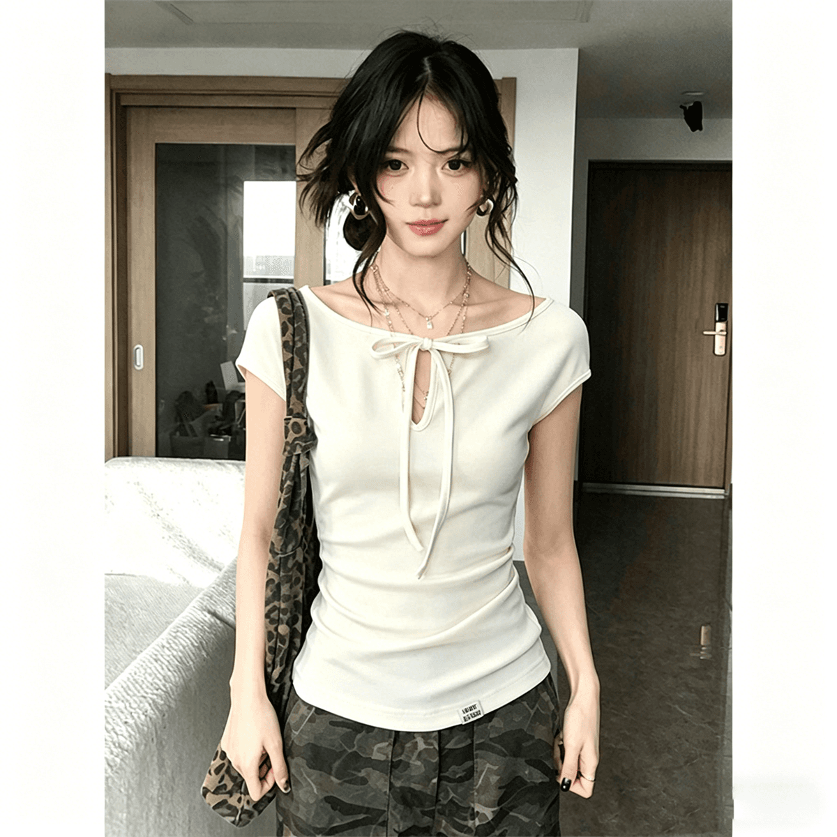 210 그램 물 부드러운 면 95 면 5 암모니아 아메리칸 레이스업 홀로우 아웃 반팔 티셔츠 여성 여름 허리 수축 슬림해 보이는 맨위 상세 이미지 2