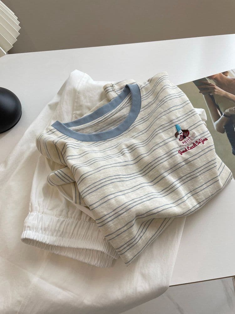 원본 원단 특별 빅 사이즈 300 근 배색 스트라이프 반팔 tee 여성 여름 자수 캐주얼 티셔츠 상세 이미지 1