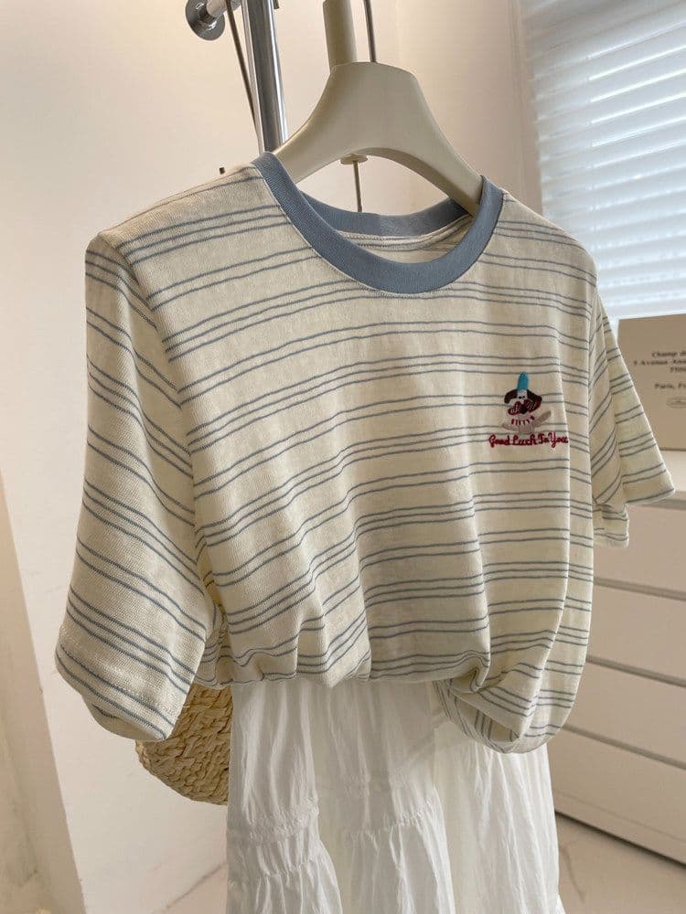원본 원단 특별 빅 사이즈 300 근 배색 스트라이프 반팔 tee 여성 여름 자수 캐주얼 티셔츠 상세 이미지 11