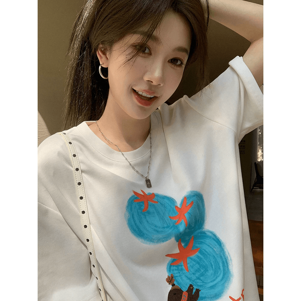 21 순면 210 그램 순면 여름 드레스 반팔 티셔츠 여성 한국 스타일 빅 사이즈 루즈핏 상세 이미지 2
