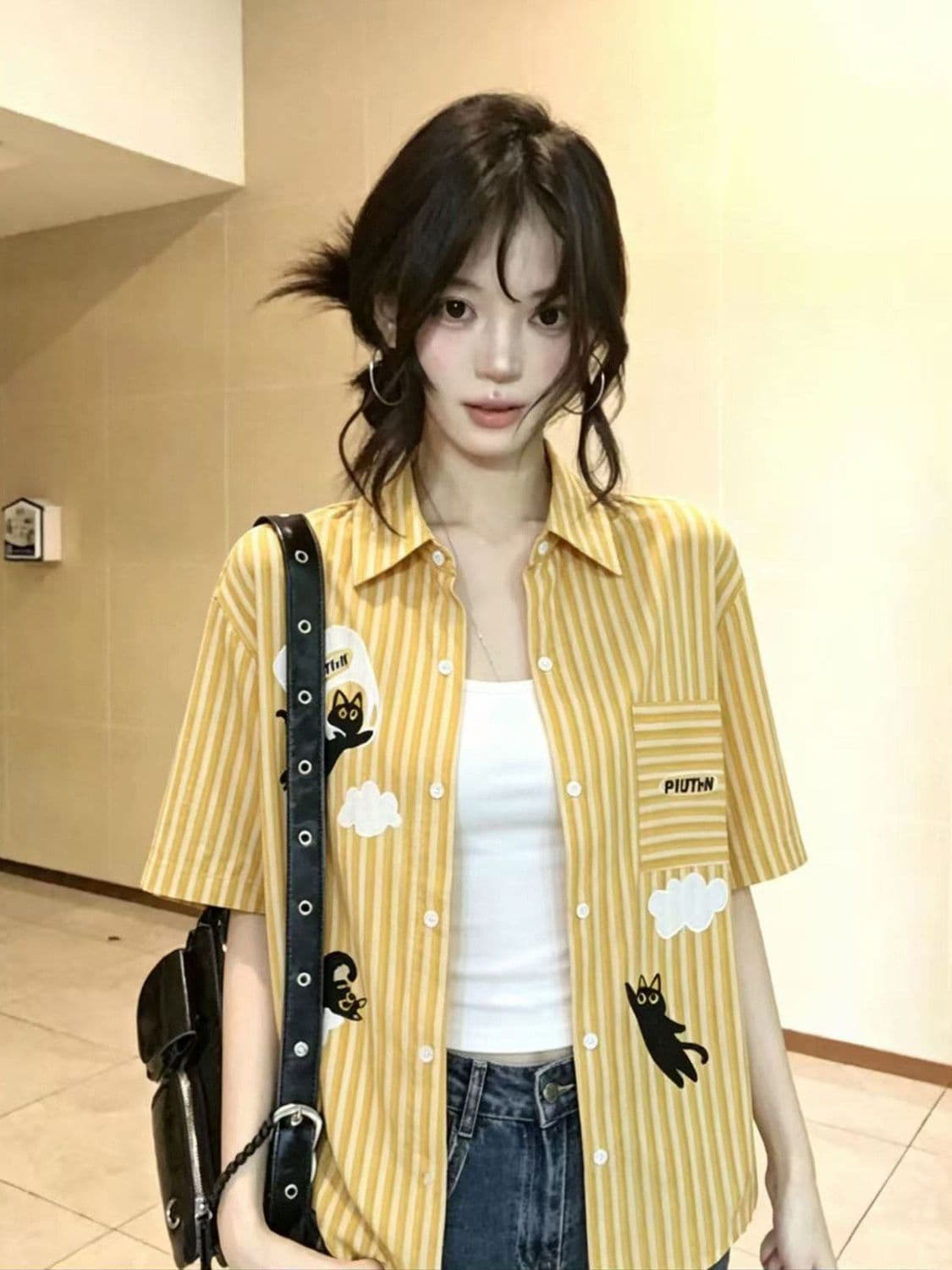 아메리칸 레트로 스트라이프 고양이 만화 자수 디자인 센스 셔츠 반팔 여성 여름 느긋한 바람 셔츠 트렌디 상세 이미지 2