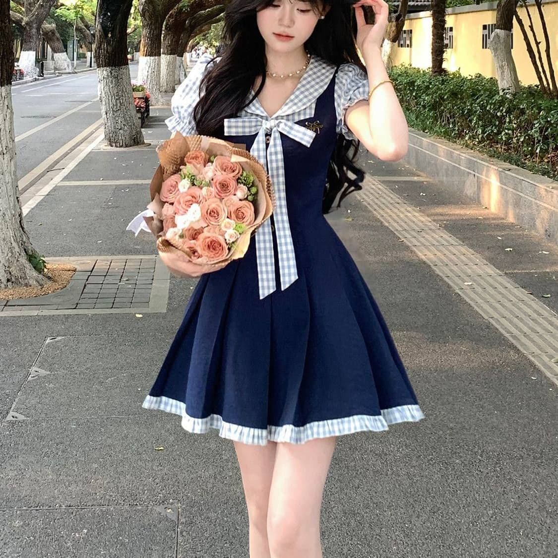 여름 새로운 한 부서 학원 스타일 패션 연령 감소 디자인 나비 매듭 페이크 레이어드 드레스 여자 학생 A라인 스커트 이미지 2