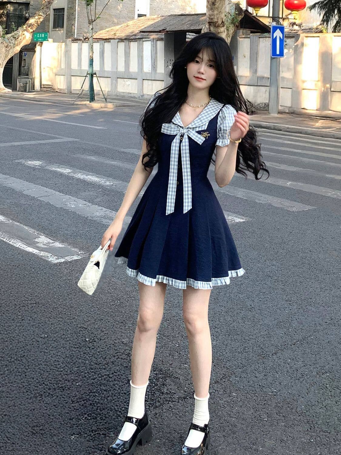 여름 새로운 한 부서 학원 스타일 패션 연령 감소 디자인 나비 매듭 페이크 레이어드 드레스 여자 학생 A라인 스커트 상세 이미지 2