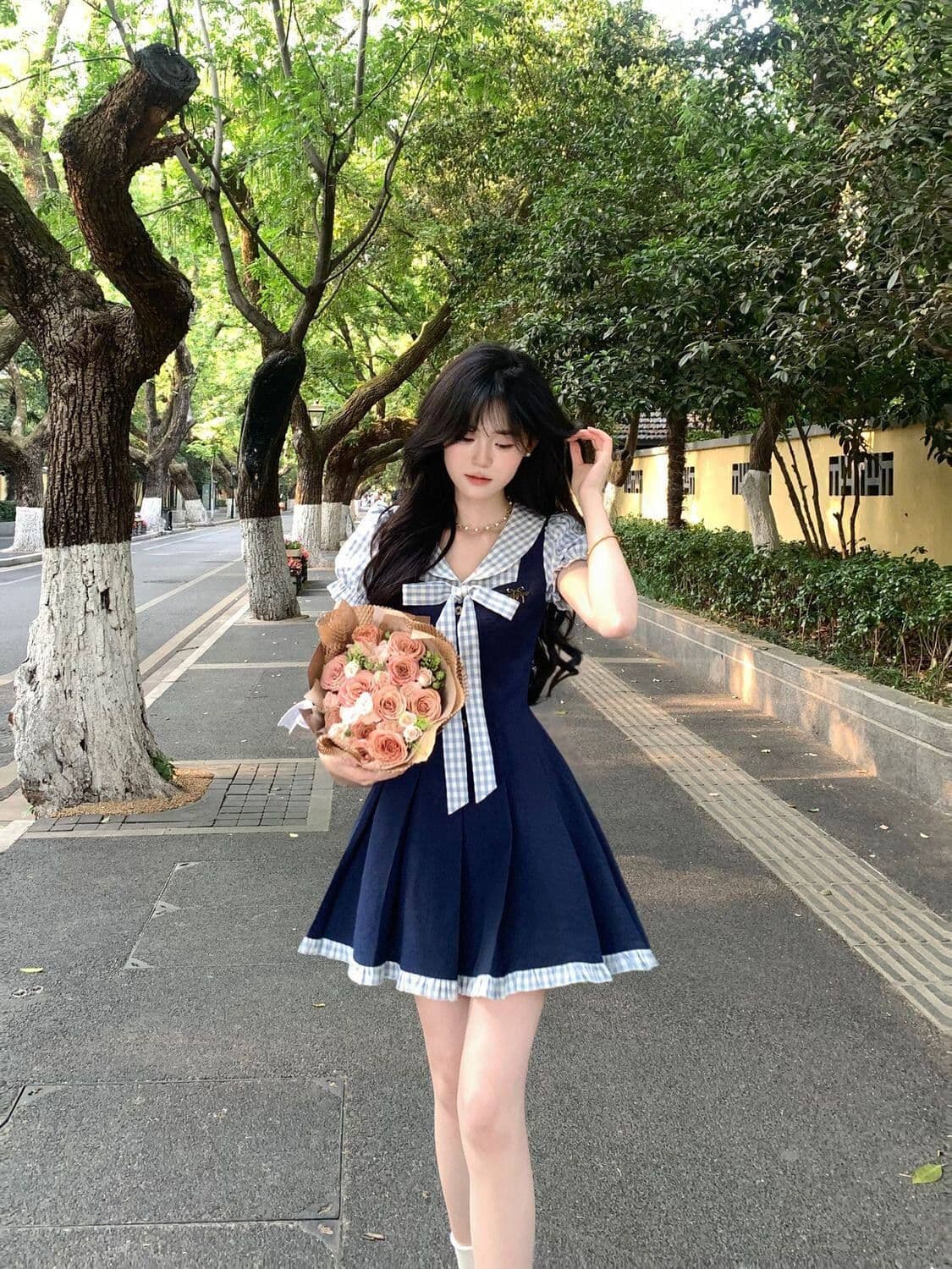 여름 새로운 한 부서 학원 스타일 패션 연령 감소 디자인 나비 매듭 페이크 레이어드 드레스 여자 학생 A라인 스커트 상세 이미지 7