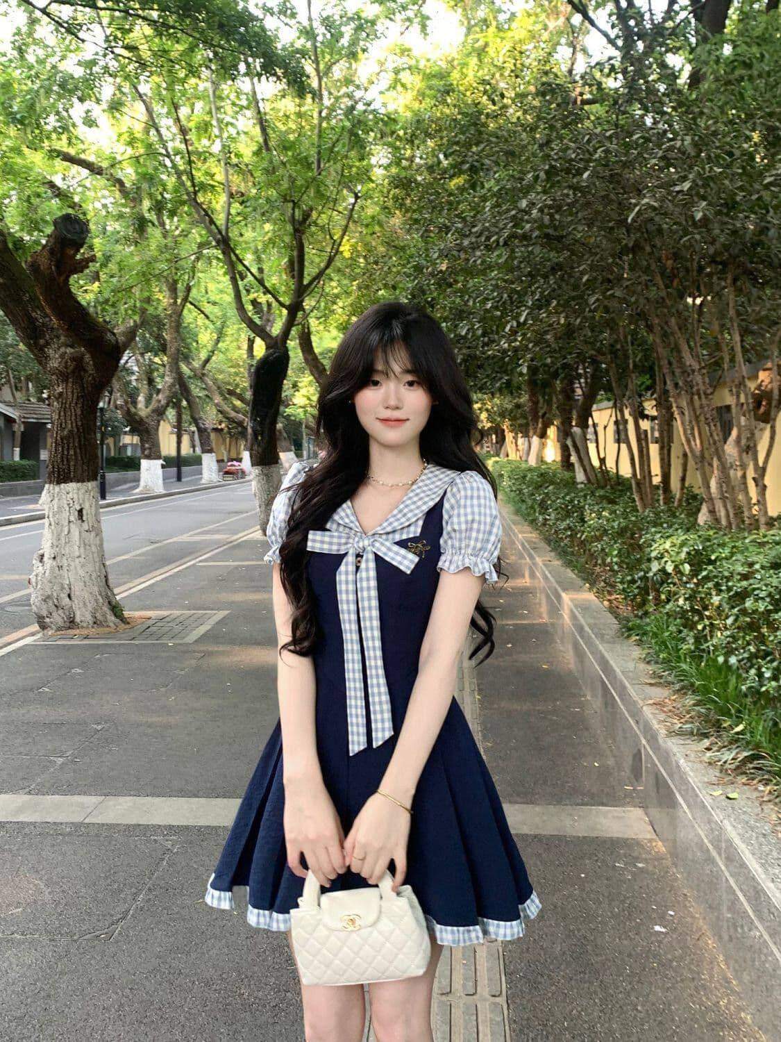 여름 새로운 한 부서 학원 스타일 패션 연령 감소 디자인 나비 매듭 페이크 레이어드 드레스 여자 학생 A라인 스커트 상세 이미지 11