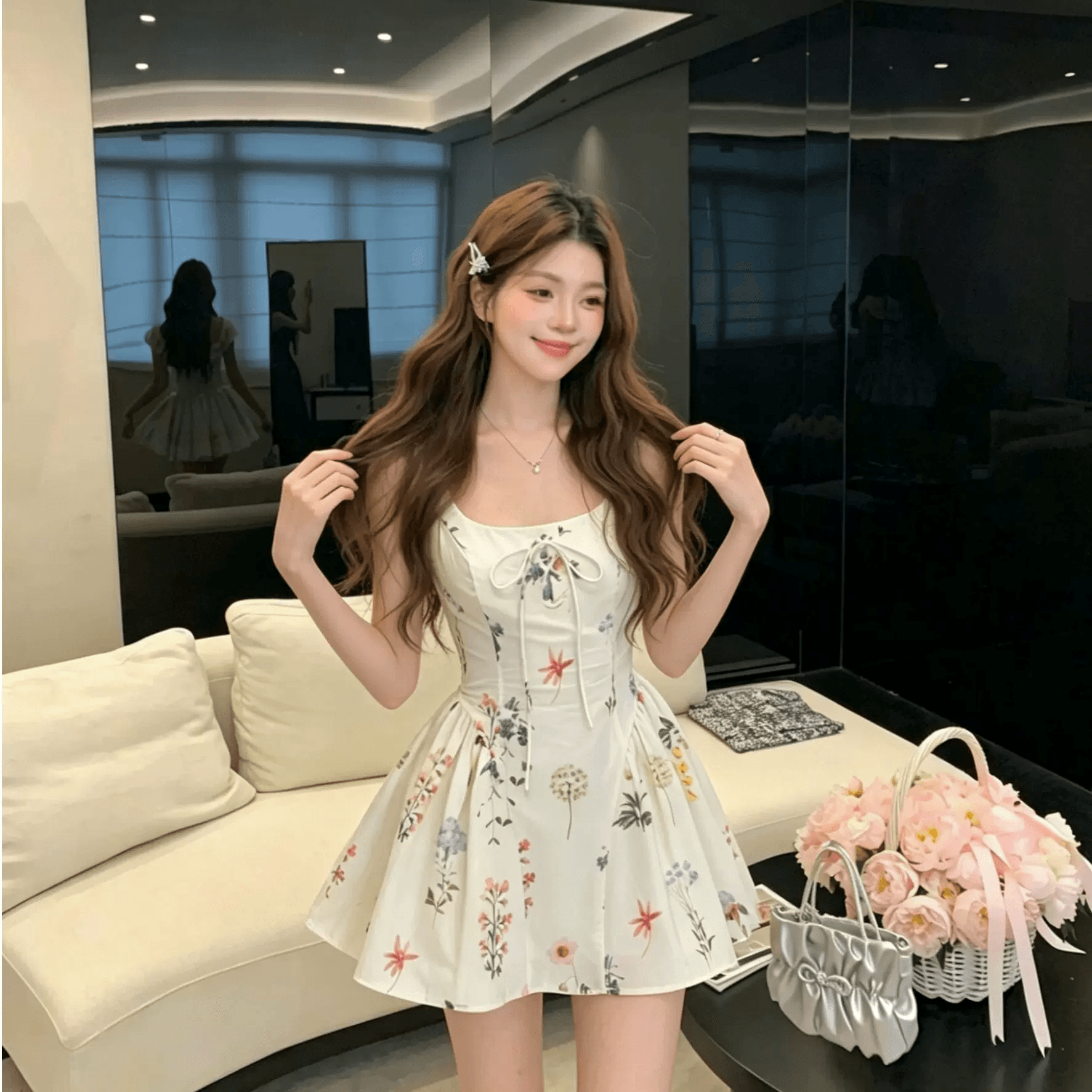 이중층 세트 인사이드 순면 워터 마크 치마 아이들 여름 슬림해 보이는 허리 수축 레이스업 꽃무늬 드레스 공주 센스 슬립 드레스 상세 이미지 5
