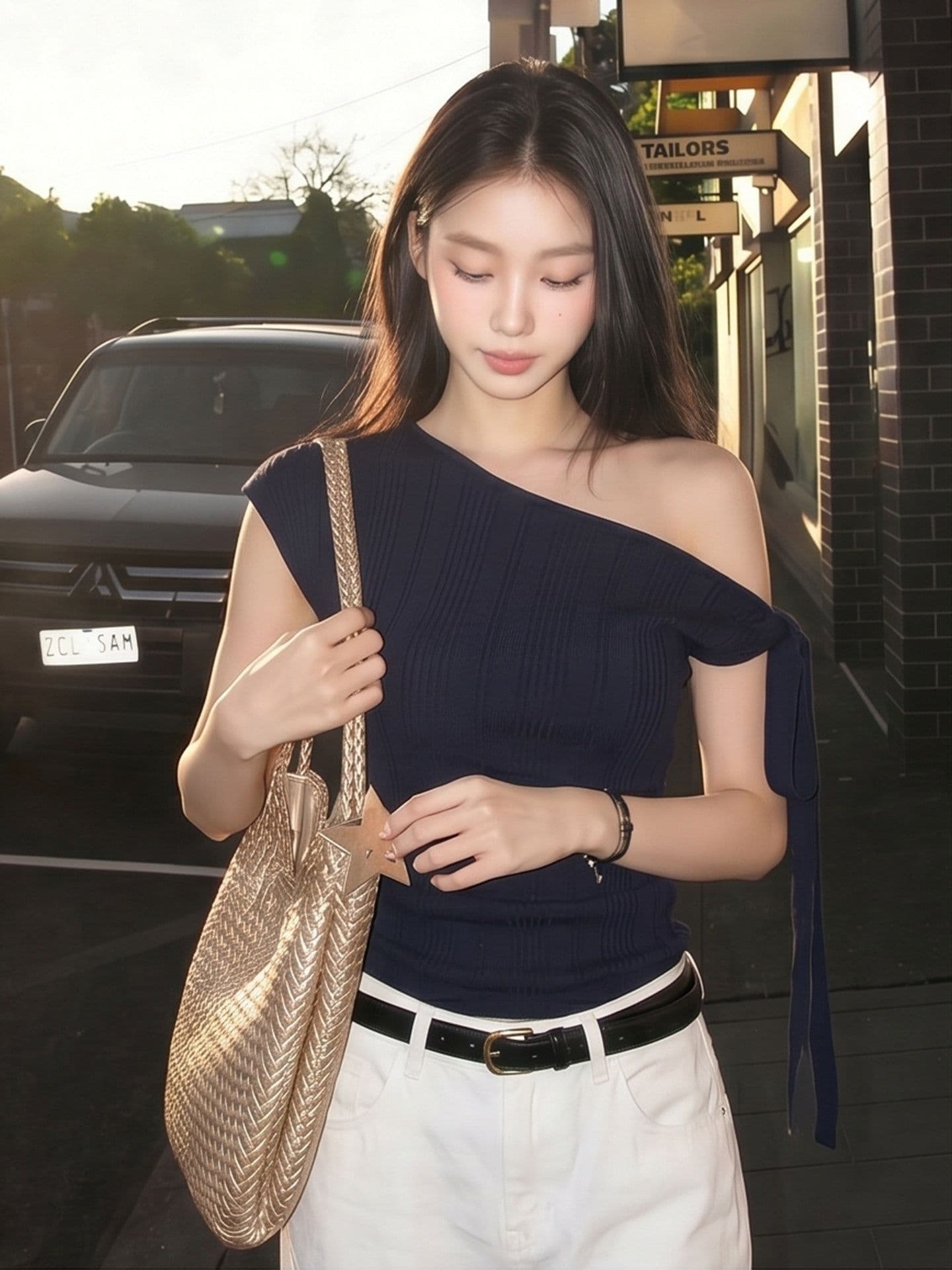 원본 대나무 마디 면 프랑스식 화이트 불규칙 비스듬한 어깨 반팔 티셔츠 여성 여름 몸매 가꾸기 슬림해 보이는 오프숄더 맨위 상세 이미지 5