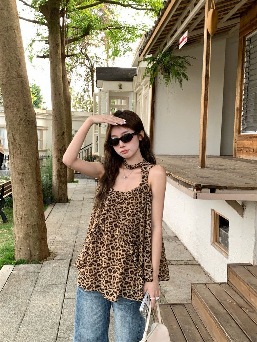 원본 망사 네리 수 있습니다. 조정 어깨끈 핫걸 레트로 레오파드 무늬 프릴 캐미솔 여성 셔츠 상세 이미지 6