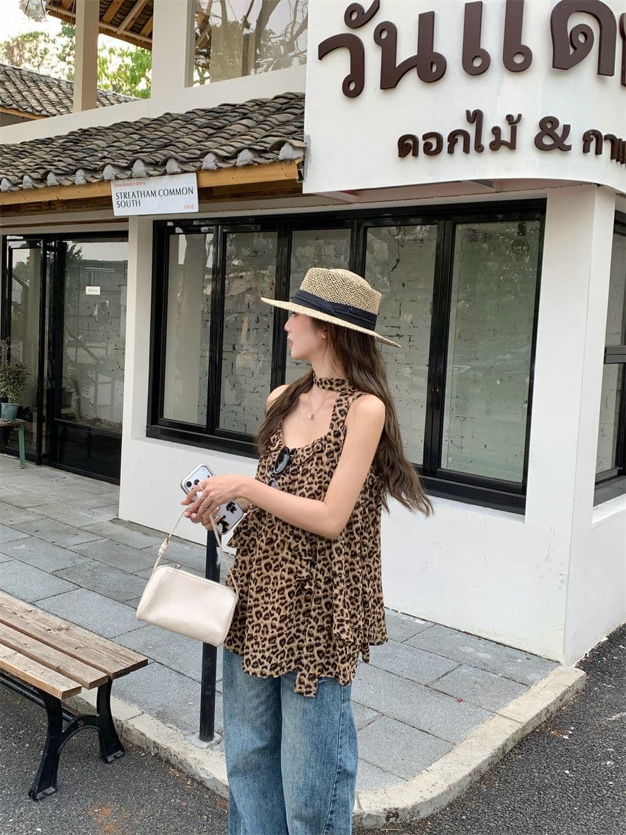 원본 망사 네리 수 있습니다. 조정 어깨끈 핫걸 레트로 레오파드 무늬 프릴 캐미솔 여성 셔츠 상세 이미지 9