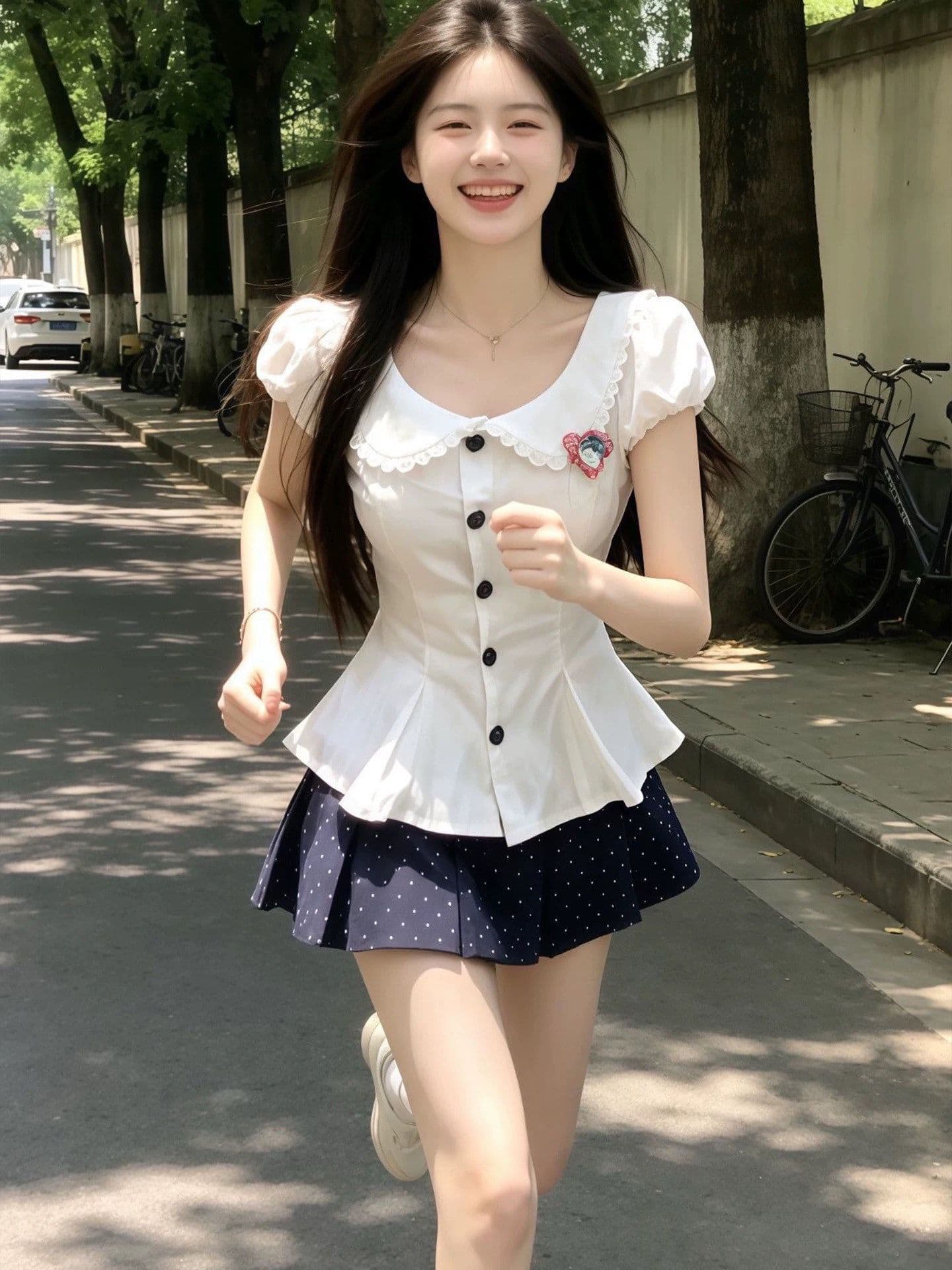 순수한 욕망 섹시함 핫걸 착용 가져 가라. 학원 스타일 허리 수축 슬림해 보이는 맨위 jk 유니폼 도트 무늬 반신 치마바지 여름 세트 이미지 3