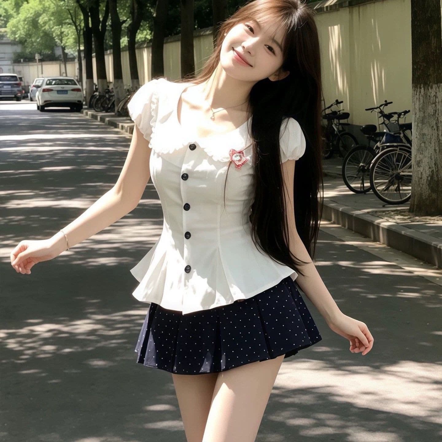 순수한 욕망 섹시함 핫걸 착용 가져 가라. 학원 스타일 허리 수축 슬림해 보이는 맨위 jk 유니폼 도트 무늬 반신 치마바지 여름 세트 이미지 5