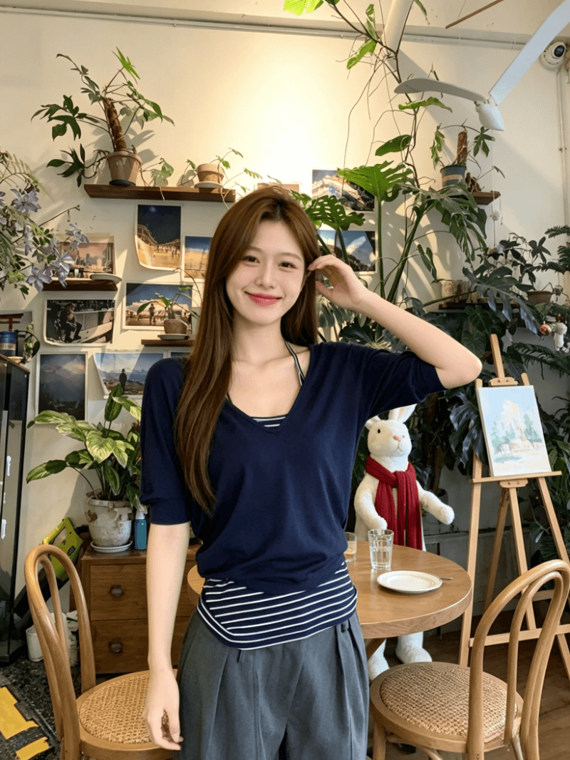 원본 사람들 면 260 그램 V넥 반팔 티셔츠 세트 여성 여름 스트라이프 슬립 루즈핏 블라우스 맨위 상세 이미지 4