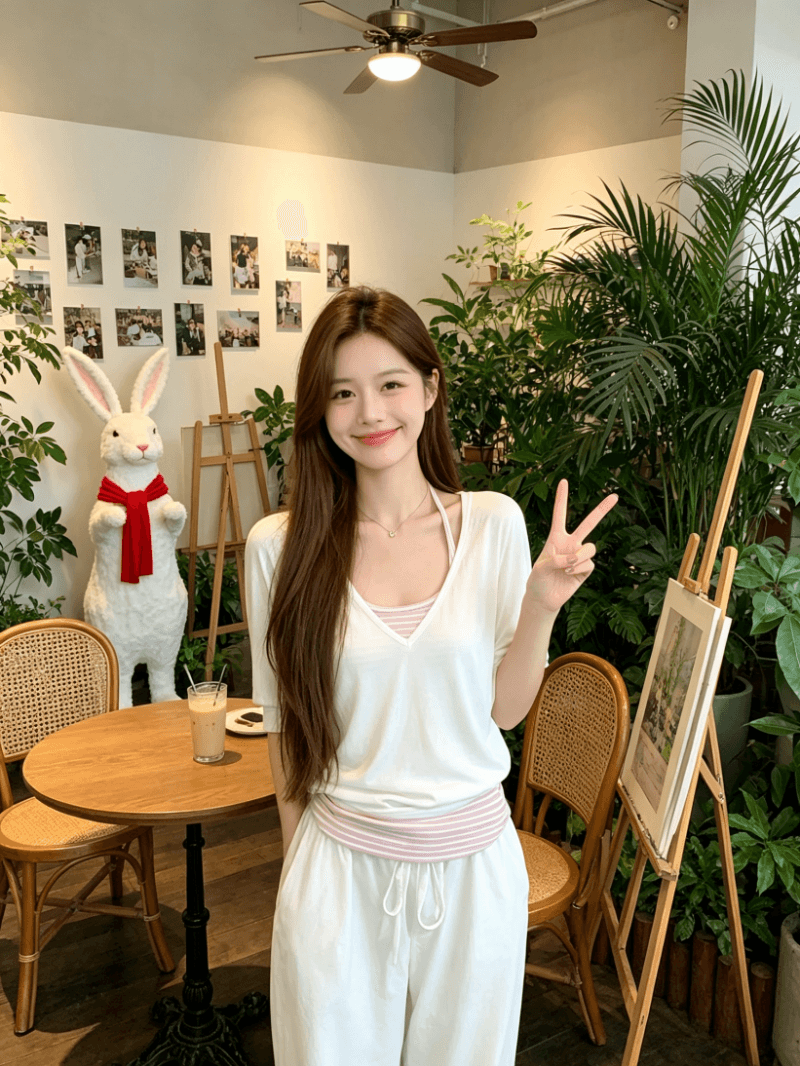 원본 사람들 면 260 그램 V넥 반팔 티셔츠 세트 여성 여름 스트라이프 슬립 루즈핏 블라우스 맨위 상세 이미지 7