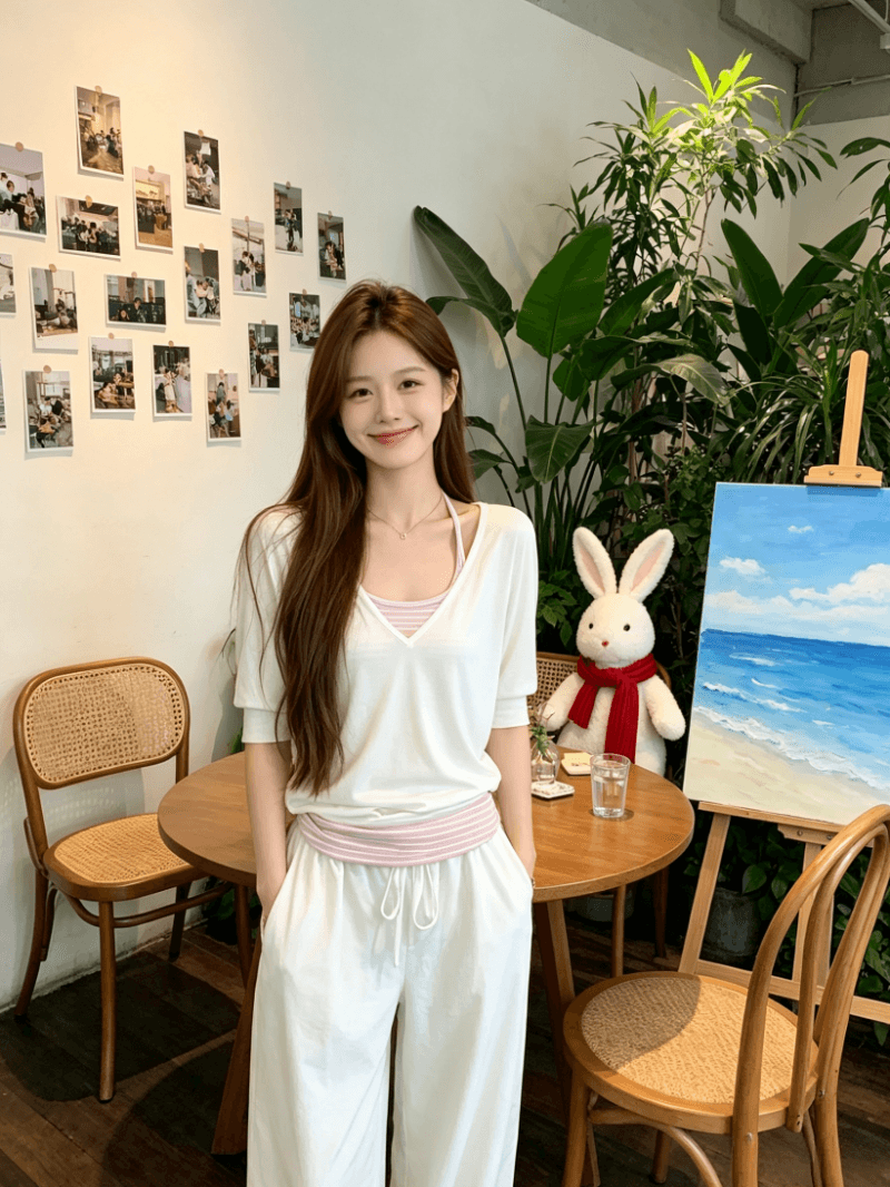 원본 사람들 면 260 그램 V넥 반팔 티셔츠 세트 여성 여름 스트라이프 슬립 루즈핏 블라우스 맨위 상세 이미지 11