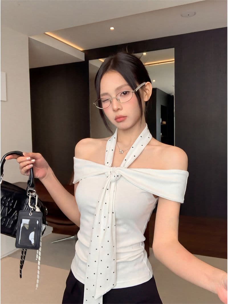 좋은 면 40 보라색 조정 웨이브 라임 도트 무늬 오프숄더 반팔 티셔츠 여름 몸매 가꾸기 행침 목 스트랩 맨위 상세 이미지 7