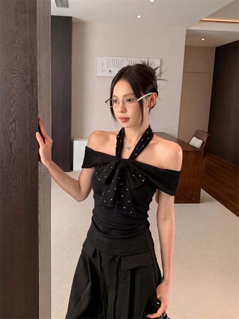 좋은 면 40 보라색 조정 웨이브 라임 도트 무늬 오프숄더 반팔 티셔츠 여름 몸매 가꾸기 행침 목 스트랩 맨위 상세 이미지 8