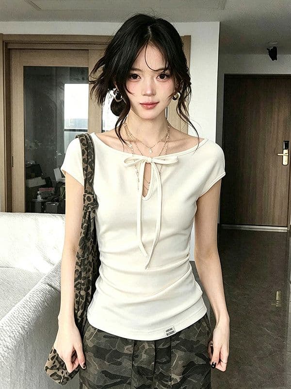 사람들 면 260 그램 순수한 욕망 바람 디스플레이 화이트 홀로우 아웃 레이스업 반팔 티셔츠 여름 새로운 연령 감소 몸매 가꾸기 맨위 상세 이미지 7