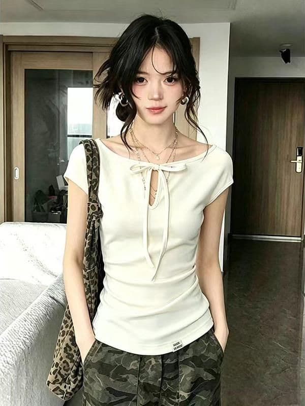 사람들 면 260 그램 순수한 욕망 바람 디스플레이 화이트 홀로우 아웃 레이스업 반팔 티셔츠 여름 새로운 연령 감소 몸매 가꾸기 맨위 상세 이미지 11