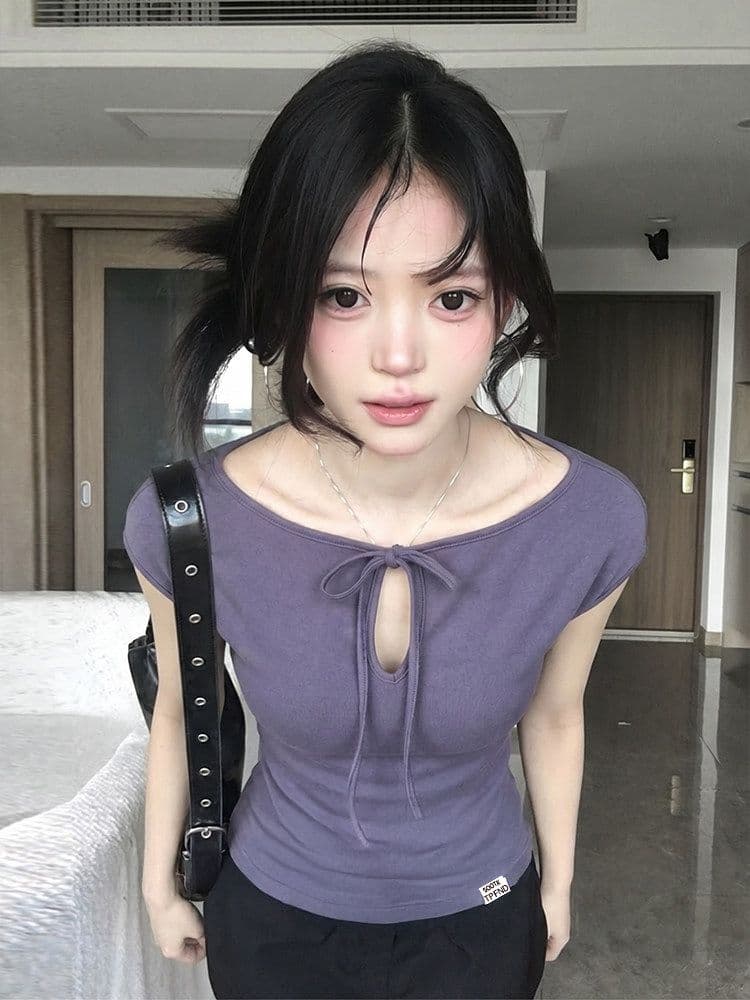 사람들 면 260 그램 순수한 욕망 바람 디스플레이 화이트 홀로우 아웃 레이스업 반팔 티셔츠 여름 새로운 연령 감소 몸매 가꾸기 맨위 상세 이미지 14