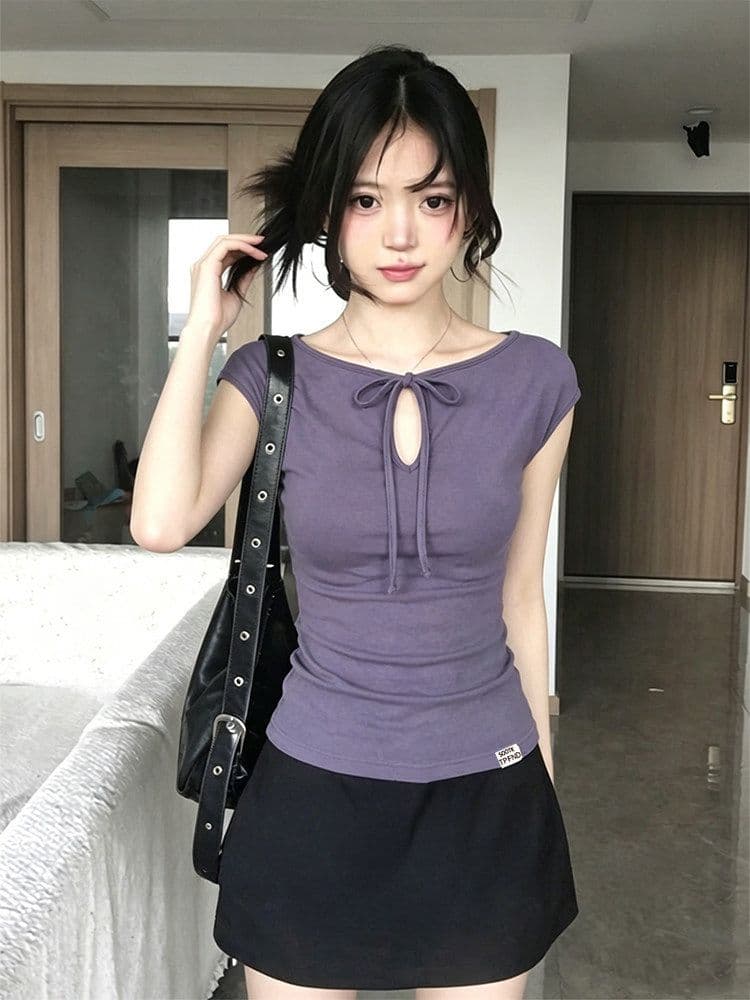 사람들 면 260 그램 순수한 욕망 바람 디스플레이 화이트 홀로우 아웃 레이스업 반팔 티셔츠 여름 새로운 연령 감소 몸매 가꾸기 맨위 상세 이미지 16