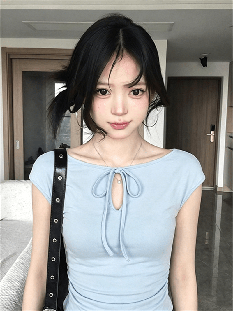 사람들 면 260 그램 순수한 욕망 바람 디스플레이 화이트 홀로우 아웃 레이스업 반팔 티셔츠 여름 새로운 연령 감소 몸매 가꾸기 맨위 상세 이미지 18