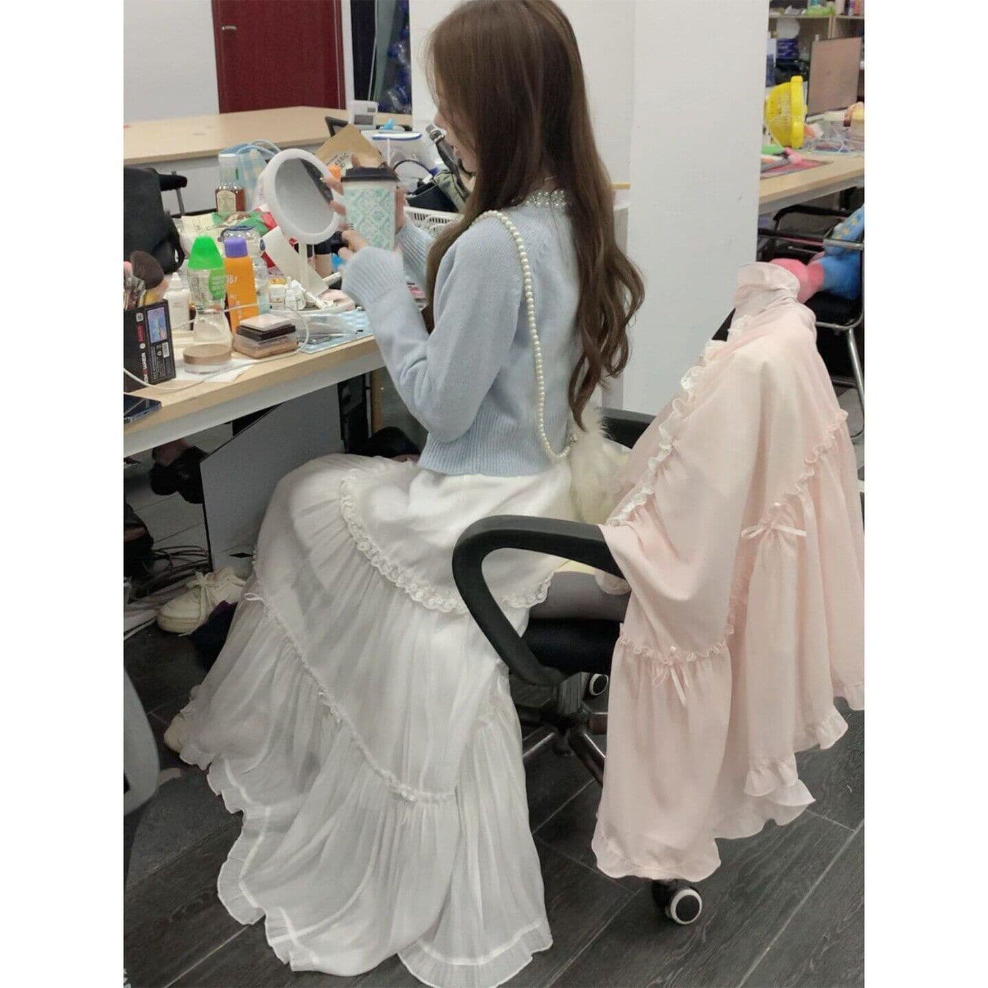 일본식 달콤함 작은 청신 소녀 나비 매듭 하이웨이스트 슬림해 보이는 대 치마 반신 스커트 요정 롱 스커트 봄 새로운 이미지 4