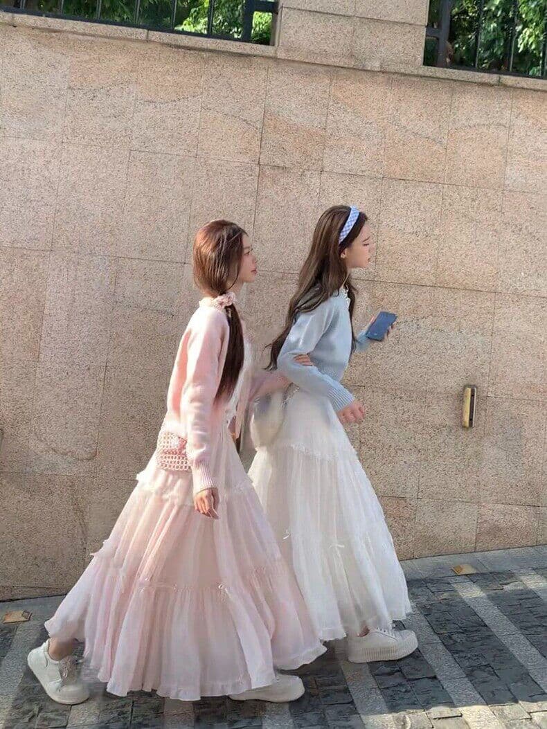 일본식 달콤함 작은 청신 소녀 나비 매듭 하이웨이스트 슬림해 보이는 대 치마 반신 스커트 요정 롱 스커트 봄 새로운 상세 이미지 4