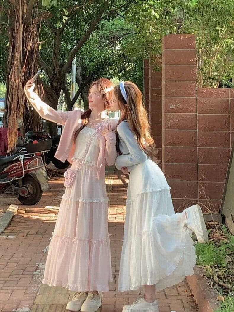 일본식 달콤함 작은 청신 소녀 나비 매듭 하이웨이스트 슬림해 보이는 대 치마 반신 스커트 요정 롱 스커트 봄 새로운 상세 이미지 7