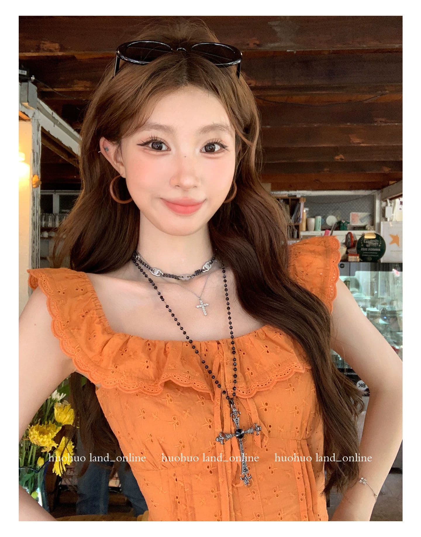 huohuo 한여름 달콤한 오렌지색 활력 디스플레이 화이트 2026 여름 새로운 맨위 여성 프랑스식 프릴 칼라 몸매 가꾸기 셔츠 상세 이미지 9