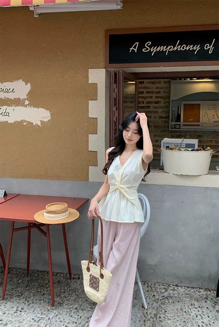 도파민 황색 비틀림 디자인 V넥 민소매 조끼 여성 여름 새로운 핫걸 바람 작은 키 외출용 맨위 상세 이미지 7