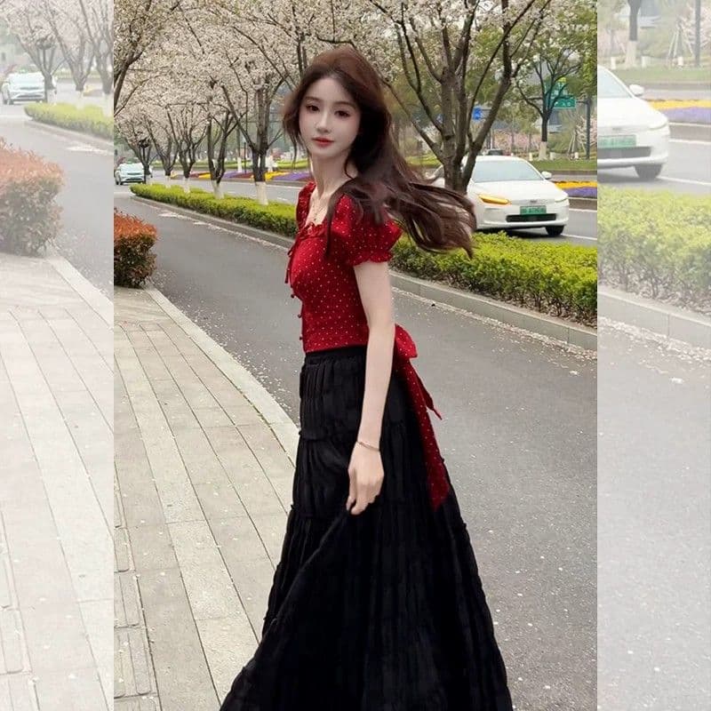 빨간색 도트 무늬 광장 칼라 버블 반팔 티셔츠 여성 여름 아름다운 순수한 욕망 달콤한 매운맛 바람 쇼트 스타일 몸매 가꾸기 작은 셔츠 맨위 상세 이미지 6