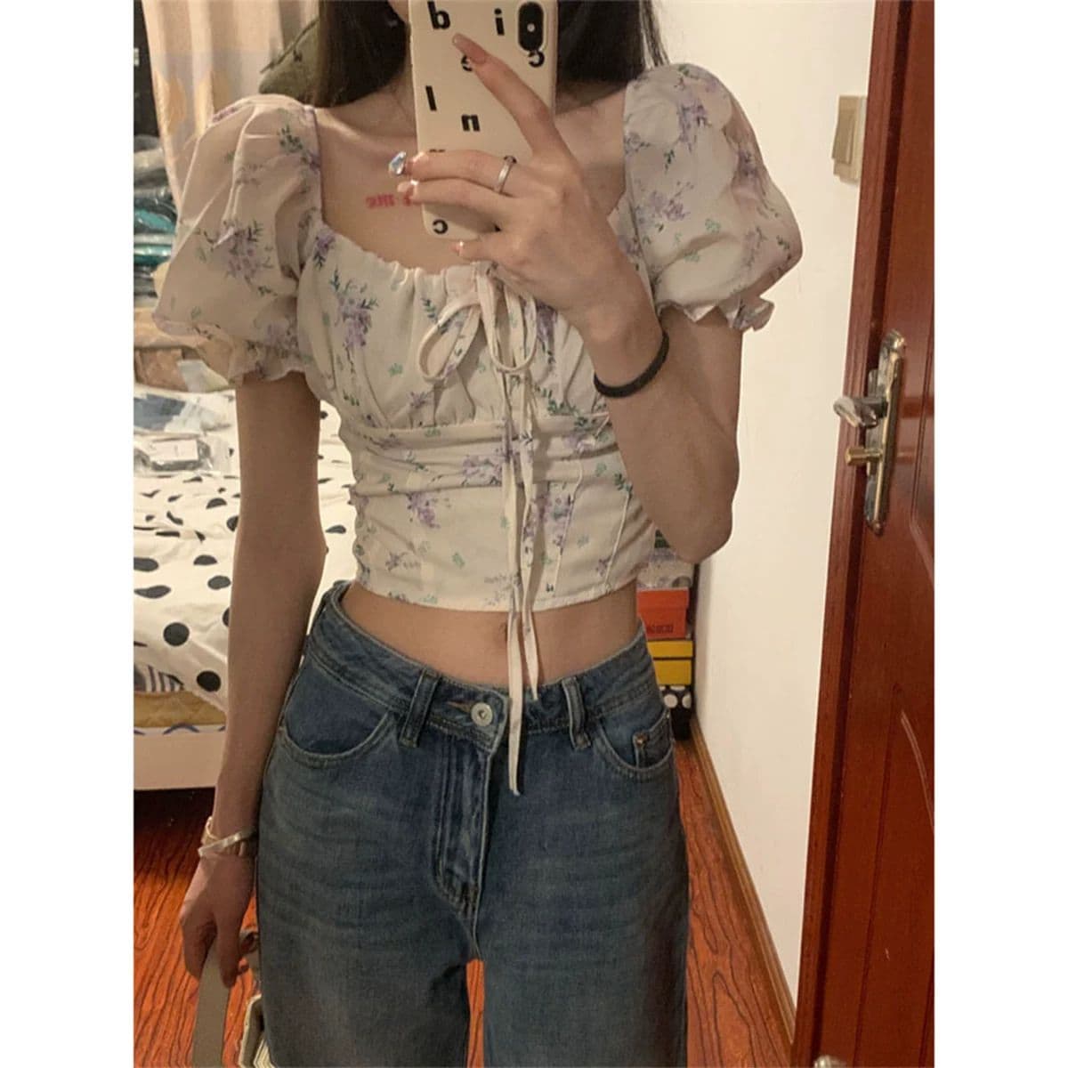 핫걸 거품 소매 꽃무늬 반팔 여성 셔츠 여름 순수한 욕망 허리 수축 몸매 가꾸기 섹시함 꼬집기 허리 타이트 쇼트 스타일 맨위 이미지 3