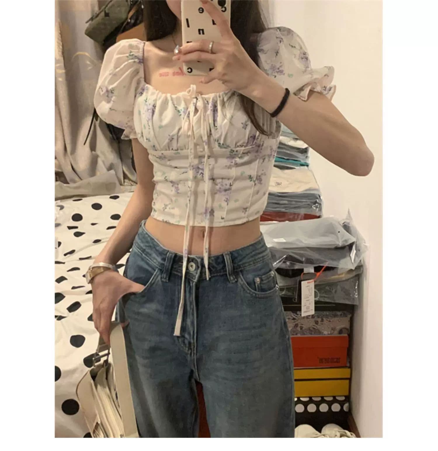 핫걸 거품 소매 꽃무늬 반팔 여성 셔츠 여름 순수한 욕망 허리 수축 몸매 가꾸기 섹시함 꼬집기 허리 타이트 쇼트 스타일 맨위 상세 이미지 2