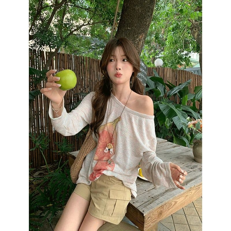 원본 무지개 마 새로운 여름 Fig 프린트 비스듬한 어깨 긴팔 티셔츠 루즈핏 느긋한 블라우스 상세 이미지 5