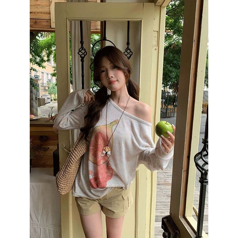 원본 무지개 마 새로운 여름 Fig 프린트 비스듬한 어깨 긴팔 티셔츠 루즈핏 느긋한 블라우스 상세 이미지 6