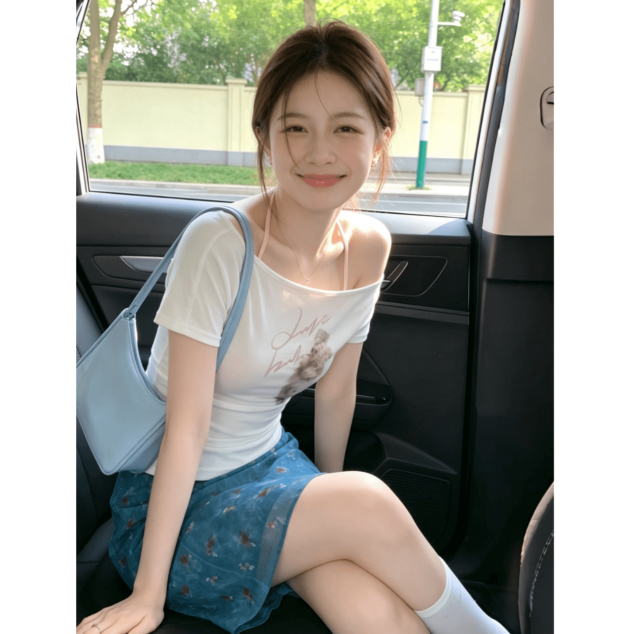 300 그램 사람들 면 92 접착제 8 암모니아 Lun 비스듬한 어깨 투피스 세트 고양이 프린트 반팔 티셔츠 여성 여름 오프숄더 맨위 이미지 3