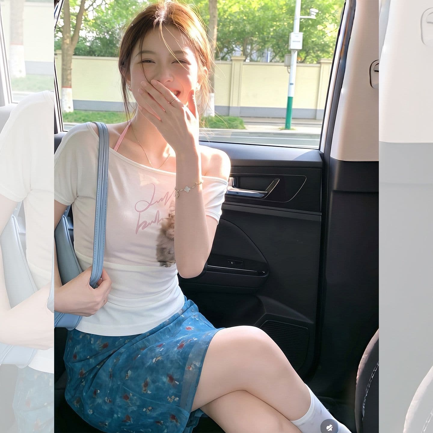 300 그램 사람들 면 92 접착제 8 암모니아 Lun 비스듬한 어깨 투피스 세트 고양이 프린트 반팔 티셔츠 여성 여름 오프숄더 맨위