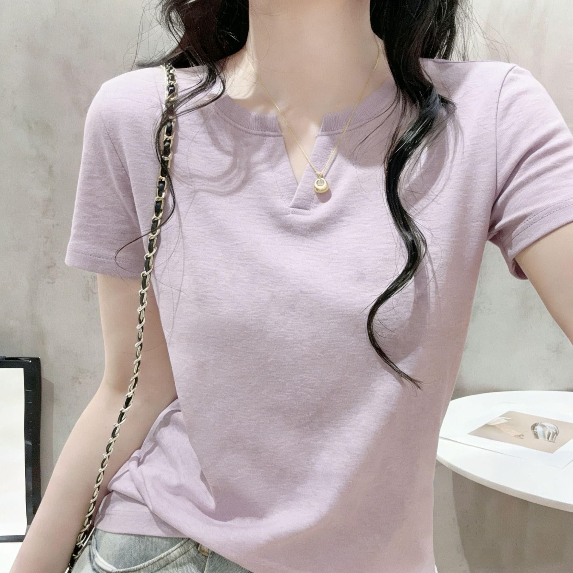 190 물 부드러운 면 95 면 5 암모니아 Lun 미니멀리즘 질감 센스 V넥 긍정적 인 어깨 반팔 티셔츠 여성 여름 다용도 맨위 상세 이미지 2