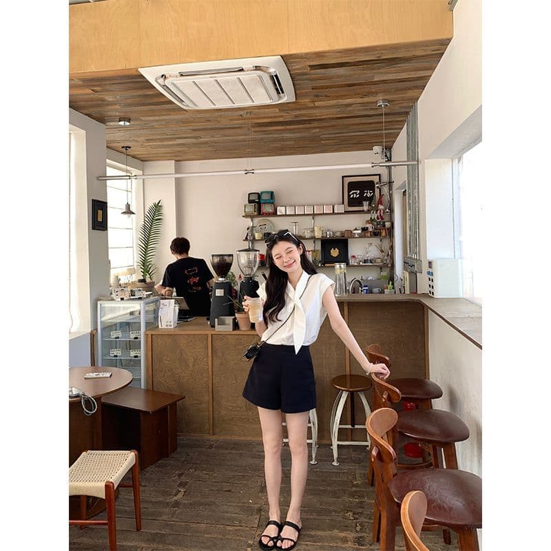 폴리 에스터 브로케이드 주름 부담하지 마세요. 센스 출퇴근 리본 칼라 화이트 반소매 맨위 여성 여름 슬림해 보이는 루즈핏 작은 셔츠 이미지 4