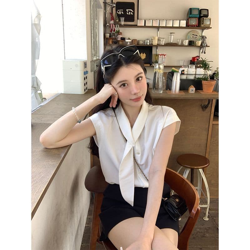 폴리 에스터 브로케이드 주름 부담하지 마세요. 센스 출퇴근 리본 칼라 화이트 반소매 맨위 여성 여름 슬림해 보이는 루즈핏 작은 셔츠 이미지 2