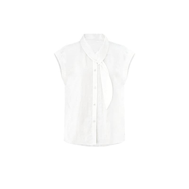 폴리 에스터 브로케이드 주름 부담하지 마세요. 센스 출퇴근 리본 칼라 화이트 반소매 맨위 여성 여름 슬림해 보이는 루즈핏 작은 셔츠 이미지 5