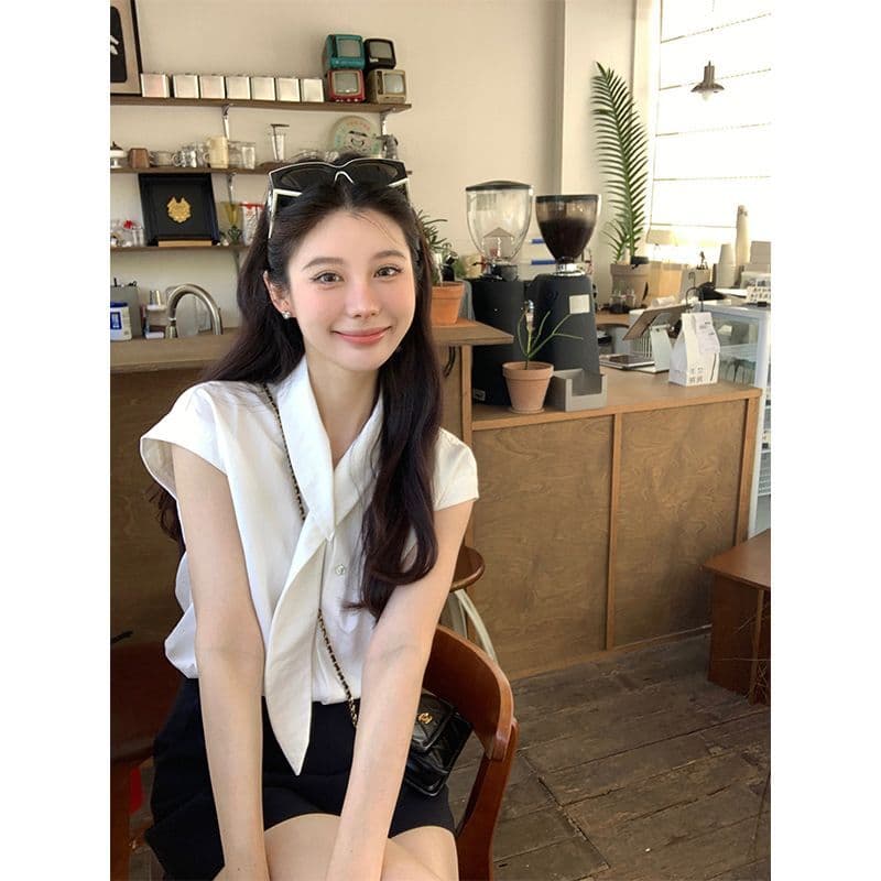폴리 에스터 브로케이드 주름 부담하지 마세요. 센스 출퇴근 리본 칼라 화이트 반소매 맨위 여성 여름 슬림해 보이는 루즈핏 작은 셔츠
