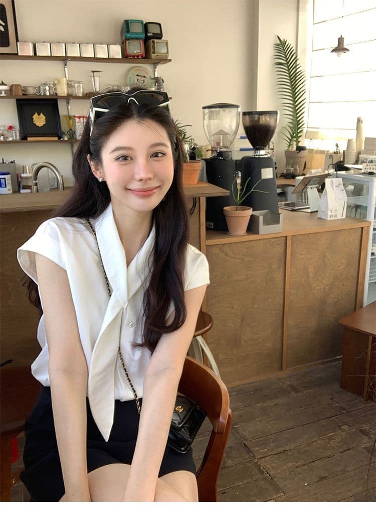 폴리 에스터 브로케이드 주름 부담하지 마세요. 센스 출퇴근 리본 칼라 화이트 반소매 맨위 여성 여름 슬림해 보이는 루즈핏 작은 셔츠 상세 이미지 4