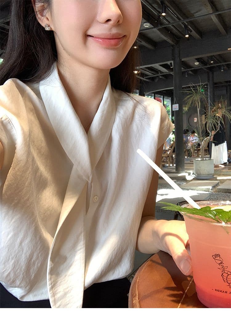 폴리 에스터 브로케이드 주름 부담하지 마세요. 센스 출퇴근 리본 칼라 화이트 반소매 맨위 여성 여름 슬림해 보이는 루즈핏 작은 셔츠 상세 이미지 5
