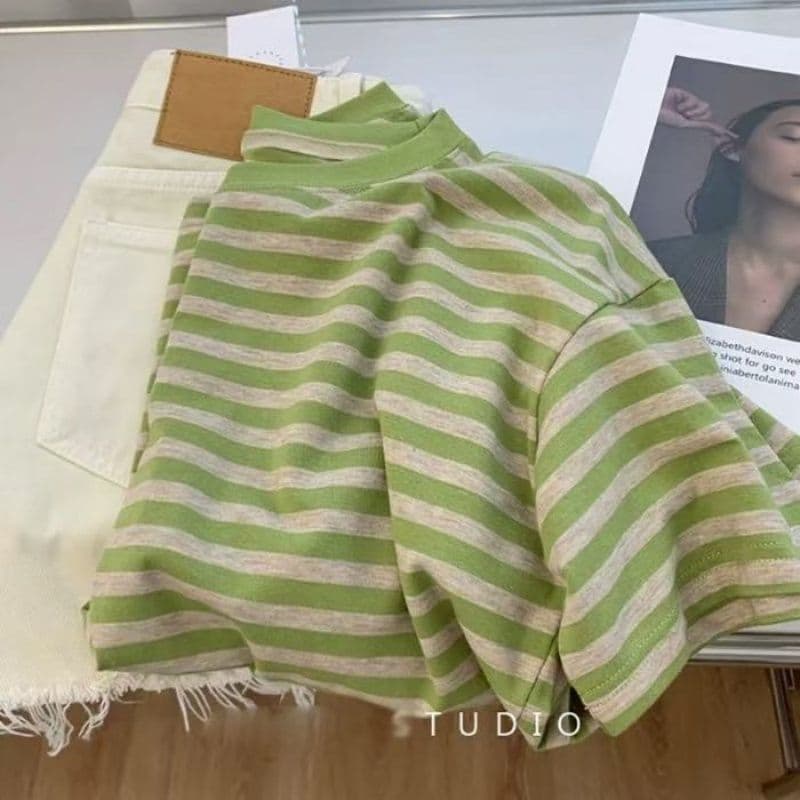 경관 그림 61 면 32.5 폴리에스터 섬유 6.5 암모니아 Lun 스트라이프 티셔츠 여성용 짧은 소매 루즈핏 순면 맨위 여름 상세 이미지 15