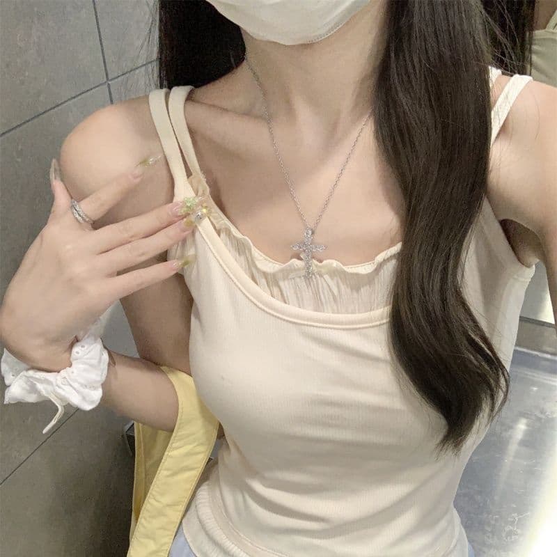 40 1 1 순면 180 그램 높음 폭탄 페이크 레이어드 캐미솔 몸매 가꾸기 Chic 작은 대중 레이스 표지 대리인 우유 이미지 5