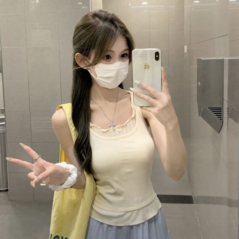 40 1 1 순면 180 그램 높음 폭탄 페이크 레이어드 캐미솔 몸매 가꾸기 Chic 작은 대중 레이스 표지 대리인 우유