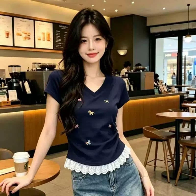 40 순면 1 1 리브 210 그램 레이스 조각 긍정적 인 어깨 티셔츠 여성용 짧은 소매 여름 몸매 가꾸기 주름 허리 수축 맨위 이미지 5