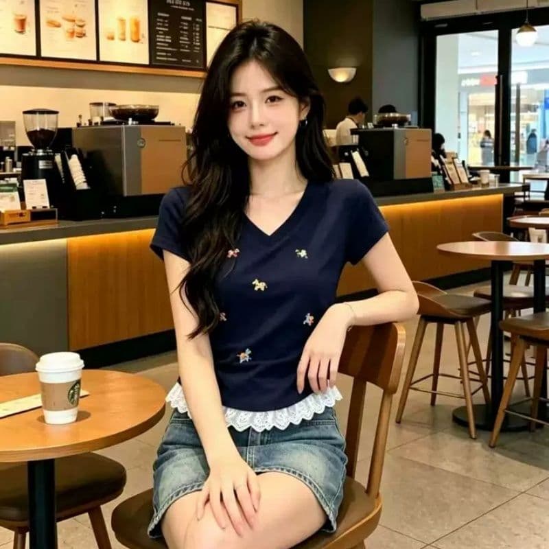 40 순면 1 1 리브 210 그램 레이스 조각 긍정적 인 어깨 티셔츠 여성용 짧은 소매 여름 몸매 가꾸기 주름 허리 수축 맨위 이미지 3